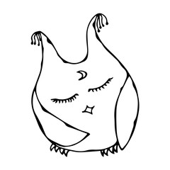 Cute Funny Sleep Sleeping Asleep Owl Bird . Isolated On a White Background Doodle Cartoon Hand Drawn Sketch Vector Illustration. Emoji Character.