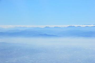 Blue mountain in the fog