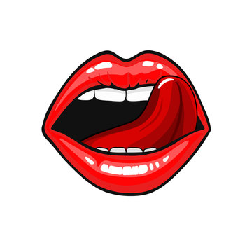 Female tongue liking glossy lips vector illustration isolated on white background. vetor illustration