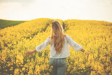 Woman with long hair back view in yellow rapeseed field