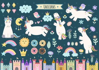 Fototapeta Unicorn and fairytale isolated elements for your design. Castles, rainbow, crystals, clouds and flowers. Cute clipart collection. Vector illustration obraz