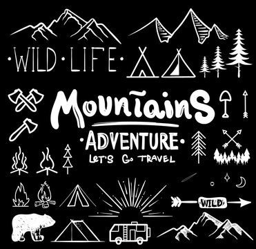 Black and white camping collection of icon made with ink and brush. Doodle style. Hand drawn set of adventure items. campfire, mountains, wildlife, bear, tent, fireplace, fire, trees.