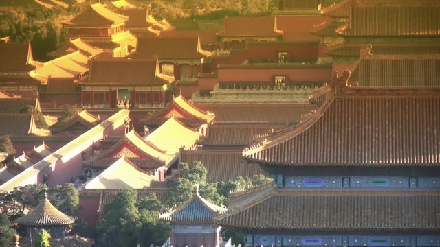Panoramic of China ancient tower architecture Beijing Forbidden City at dusk.