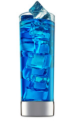 fresh fruit alcohol cocktail or mocktail in classic glass with blue beverage and ice cubes isolated on white background