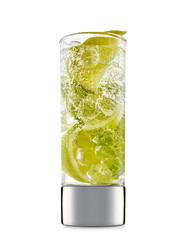 fresh fruit alcohol cocktail or mocktail in shot glass with ice cubes, lime and mint isolated on white background