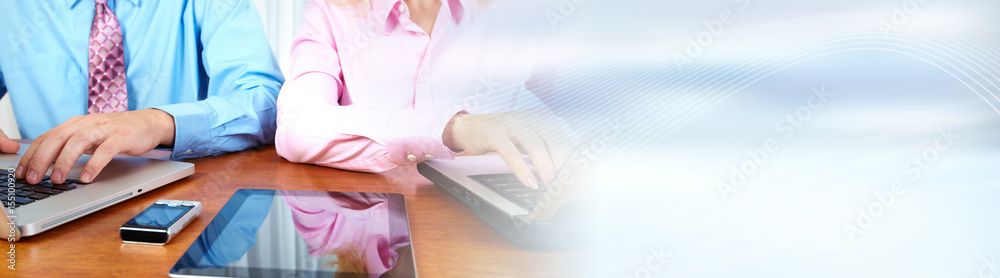 Aufkleber hands typing on computer laptop.