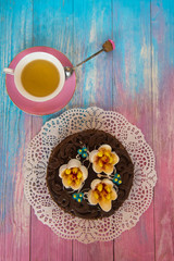 Cake on color background