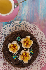 Cake on color background