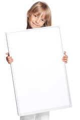 Portrait of happy little girl with white blank isolated on white background