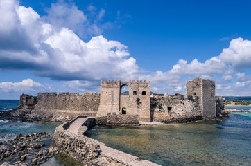 The bridge that leads to the impressive medieval castle of Methoni. Peloponnese Greece.