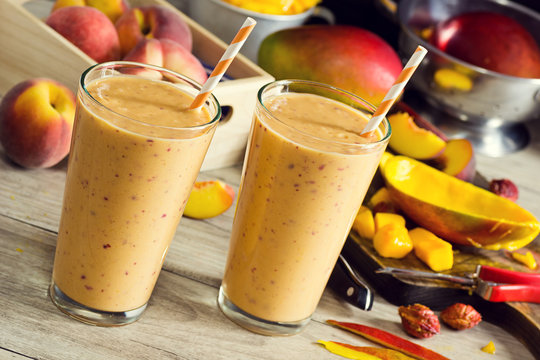Peach Mango Smoothies or Shakes with Ingredients
