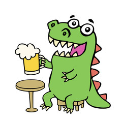 Obraz premium Funny dinosaur sitting with a mug of beer. Vector illustration.