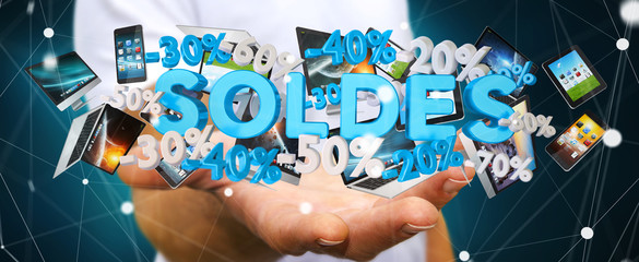 Businessman holding sales icons in his hand 3D rendering