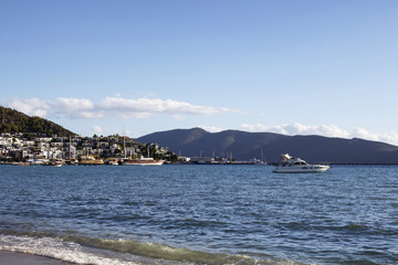 View of yachts, summer houses and landscape in Bodrum southwestern Turkey.