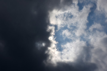 青空と黒い雲と白い雲「空想・青空を見つめる黒雲のモンスターの顔、または、成功を妬む黒雲のモンスターなどのイメージ」（明暗、闇と光、表裏一体、悪意と善意、嫉妬、妬むなどのイメージ（黒い雲で、闇、悪意、妬みなどマイナスのイメージを暗示）