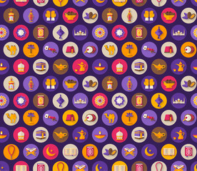 Seamless pattern with arabic flat icons in circles