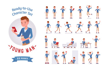 Ready-to-use young man character set, various poses and emotions