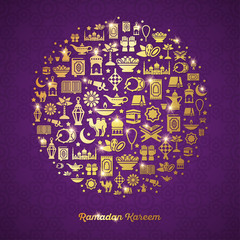 Ramadan Kareem concept with gold icons in circle