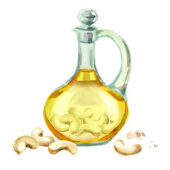 Jug with cashew oil. Watercolor