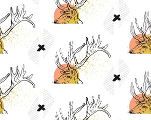 Hand drawn vector abstract modern textured seamless pattern with ink black crosses,polka dot textures and deer heads in pastel colors isolated on white background.Hipster trendy texture with crosses.