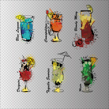 Cocktail set on transparent background. Template for cocktail menu. Alcohol, Summer drinks. Spray, spot watercolor effect.