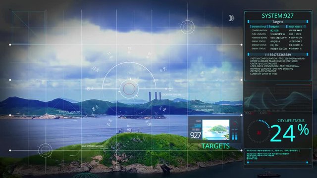 Animation of digital security drone, camera or hologram scanning technology lock on island seaside city to prevent terrorist attack. Environment scan in industrial or military observation concept.