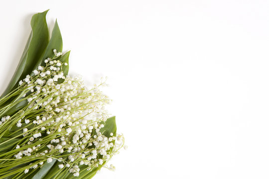 Lilly of the valley flowers and leaves bouquet isolated on a white background. Selective focus
