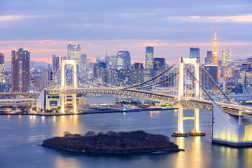 Naklejka premium Tokio panoramę z wieżą tokijską i mostem tęczowym