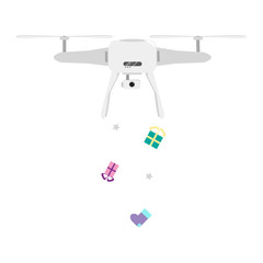 Air drone carrying New Year, Christmas or birthday gift boxes.