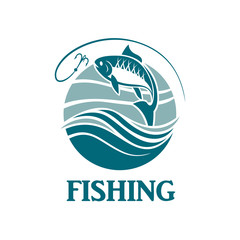 illustration of fishing emblem with waves and hook
