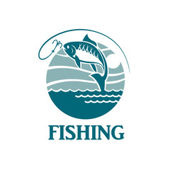 illustration of fishing emblem with waves and hook
