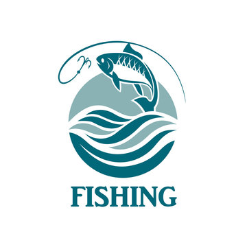 illustration of fishing emblem with waves and hook
