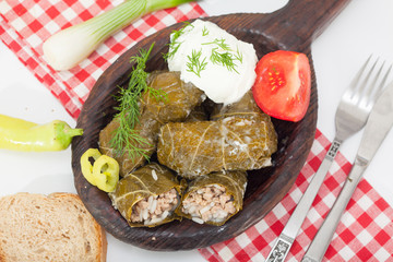 Dolma, stuffed grape leaves with minced meat and rice, turkish and greek cuisine