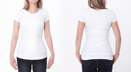 Shirt design and people concept - close up of young woman in blank white tshirt front and rear isolated. Mock up template for design print