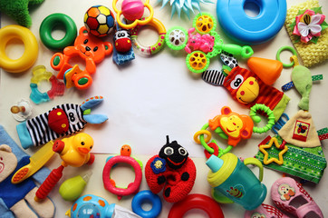 Children's toys and accessorieson a White background.view from above