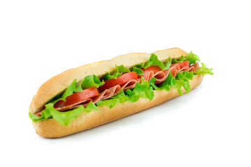 Fresh baguette sandwich with vegetables and salami isolated on white background