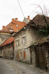 Maribor, Slovenia. Street with small abandoned house - building is desolated. Road is paved. Bare tree during spring / autumn