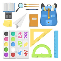 School bag backpack full of supplies children stationary zipper educational sack vector illustration.