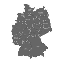 Map of Germany devided to 13 federal states and 3 city-states - Berlin, Bremen and Hamburg, Europe. Simple flat grey vector map with white labels.