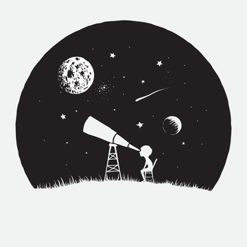 Little boy looks to through a telescope to space