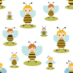 Bee cartoon seamless pattern. Baby, kid, child design. White background. Flat design, vector illustration.