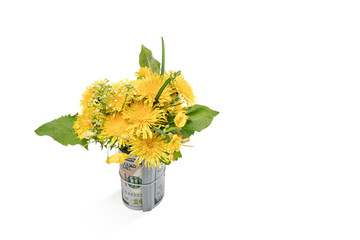 Beautiful spring bouquet with dandelions and wild flowers standing in a bunch of dollars isolated on a white background