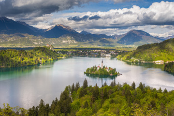 View from the hill Ojstrica to the most famous place in Slovenia Blejski Otok, Bled, Slovenia 