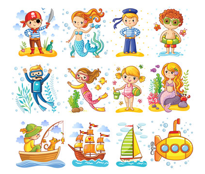 Vector set on a sea theme. A collection of children in cartoon style.