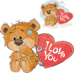 Fototapeta premium Vector illustration of a loving brown teddy bear sitting with a red heart pinned to it with the inscription I Love You. Print, template, design element