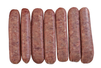 Seven raw breakfast pork sausages