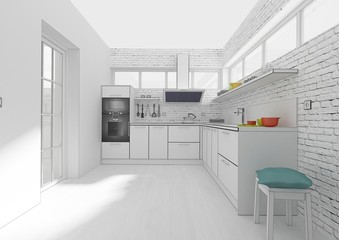 Kitchen interior grid 3D rendering