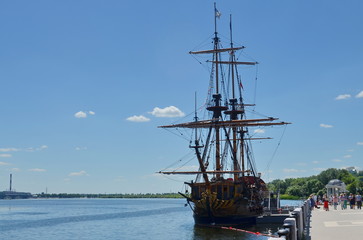 VORONEZH, RUSSIAN FEDERATION - JUNE 13, 2015: Replica of the Goto Predestination, literally The Providence of God (designed of Peter the First)- Russian sailing Full rigged linear ship, built in 2014.