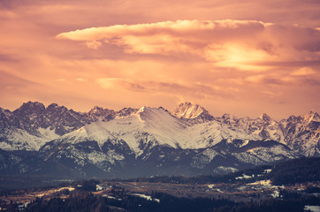 Fototapeta na wymiar Morning panorama of snowyTatra Mountains, Poland