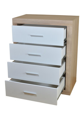 Chest of four open drawers made of wooden materials isolated on white
